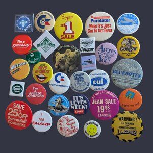 Vintage Advertising & Brand Pinback Lot 70s–90s Retail & Promo Set of 31